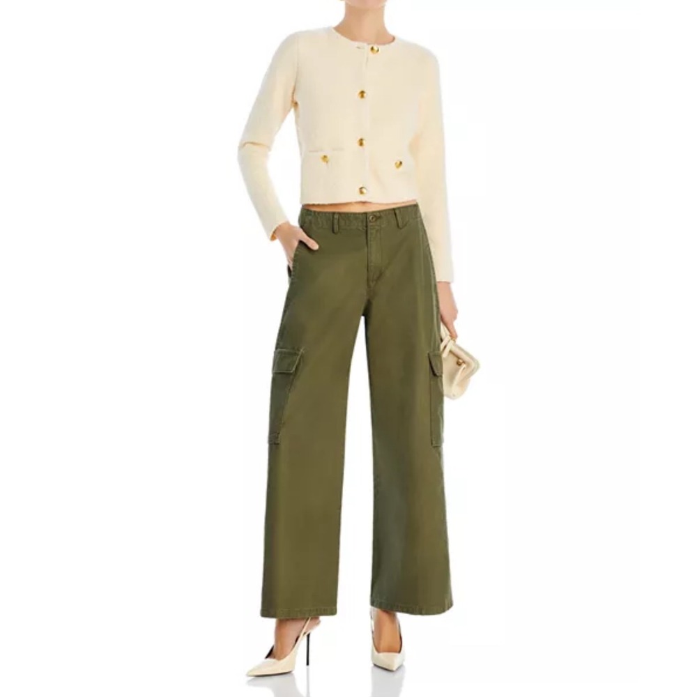 AQUA Boucle Knit Cropped Cardigan Gold Button Pockets Cream Size L‎ - Picture 2 of 9